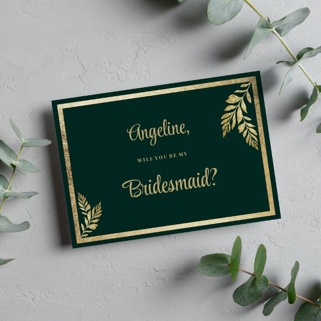 Invitación Lujoso marco de hoja dorada verde oscuro para la d (Luxury dark green golden leaf frame Bridesmaid )