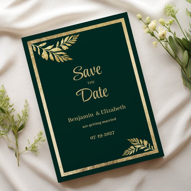 Invitación Lujoso marco de hoja dorada verde oscuro Save the  (Luxury dark green golden leaf frame Save the Date)