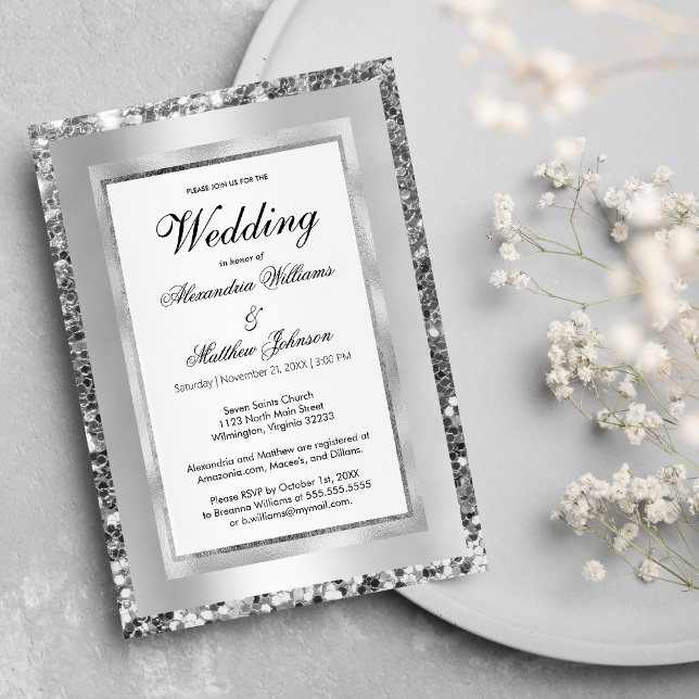 Invitación Lujoso marco de secuela de plata blanca elegante B (Luxury white silver sequin frame elegant Wedding )