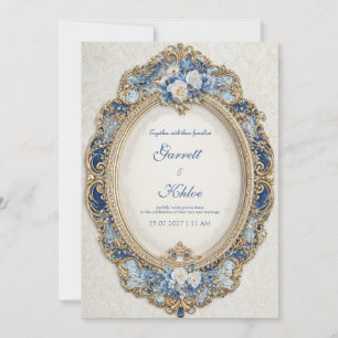 Invitación Lujoso Marco Oval Rococó Azul Marino Dorado para B