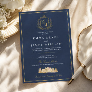 Invitación Lujoso Monograma de Boda Azul Marina Old Money