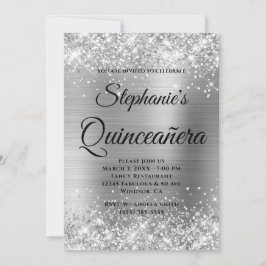 Invitación Lujoso Monograma Quinceañera con Hojas de Plata Br