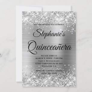 Invitación Lujoso Monograma Quinceañera con Hojas de Plata Br