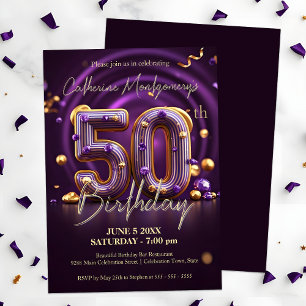 Invitación Lujoso morado oscuro y dorado 50 cumpleaños