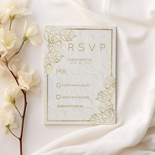 Invitación Lujoso oro blanco encaje floral francés Wedding RS (Luxury white gold French floral lace Wedding RSVP)