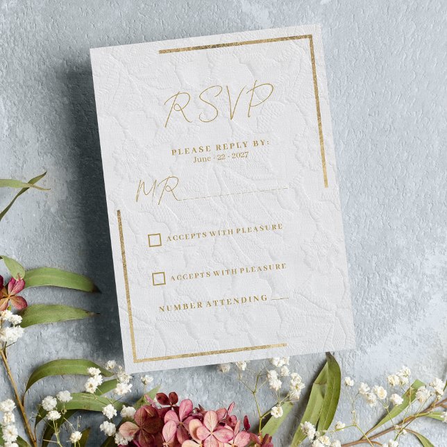 Invitación Lujoso oro blanco francés encaje floral Wedding RS (Luxury white gold french floral lace Wedding RSVP )