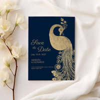 Lujoso pavo real de oro azul Save the Date