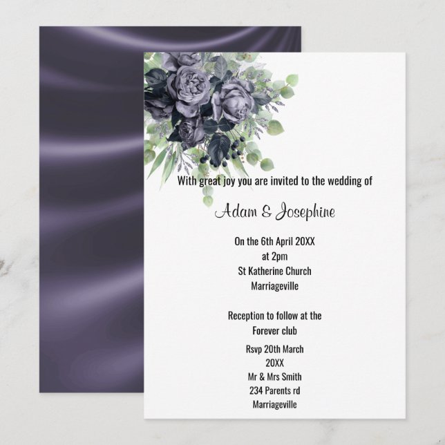 INVITACIÓN LUJOSO PURPLE SATIN FLORAL ELEGANTE 2 BODA (Anverso / Reverso)
