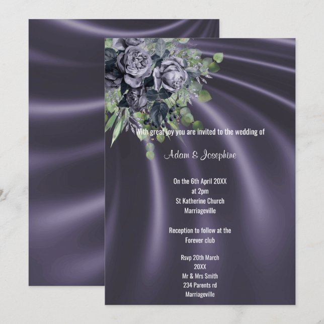 INVITACIÓN LUJOSO PURPLE SATIN FLORAL ELEGANTE BODA (Anverso / Reverso)