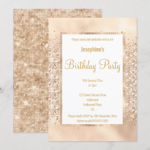 INVITACIÓN LUJOSO PURPURINA CHAMPAGNE Y PERSONALIZADO DE ORO