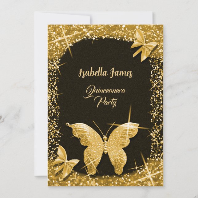 Invitación lujoso purpurina negro oro mariposa elegante (Anverso)