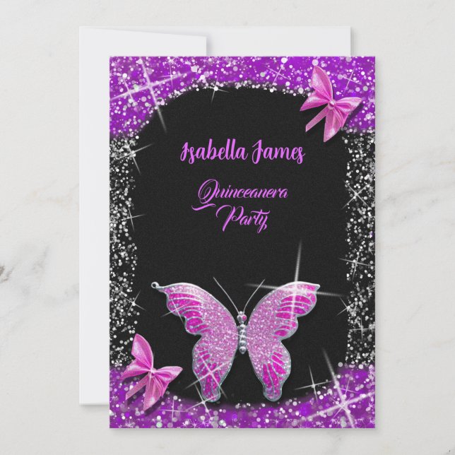 Invitación lujoso purpurina rosa negro mariposa elegante (Anverso)