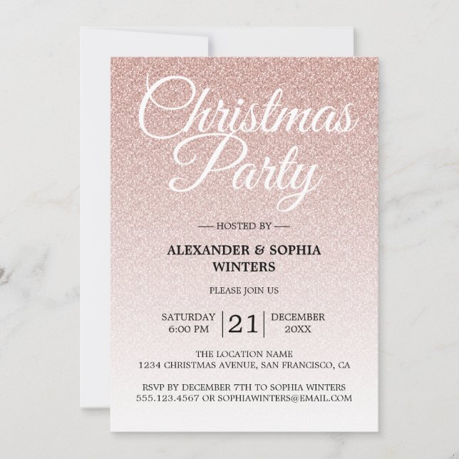 Invitación Lujoso Purpurina rosa Ombre Navidades Fiesta (Anverso)