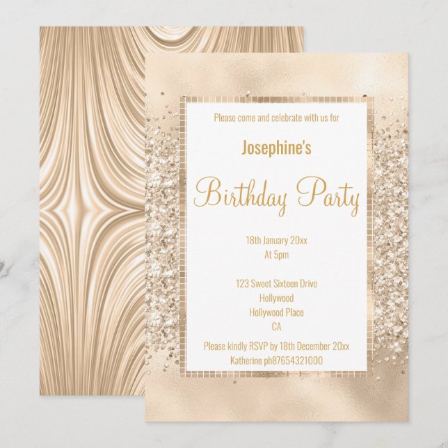 INVITACIÓN LUJOSO PURPURINA SATIN CHAMPAGNE Y ORO (Anverso / Reverso)