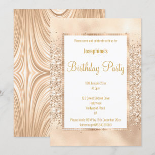 INVITACIÓN LUJOSO PURPURINA SATIN CHAMPAGNE Y ORO