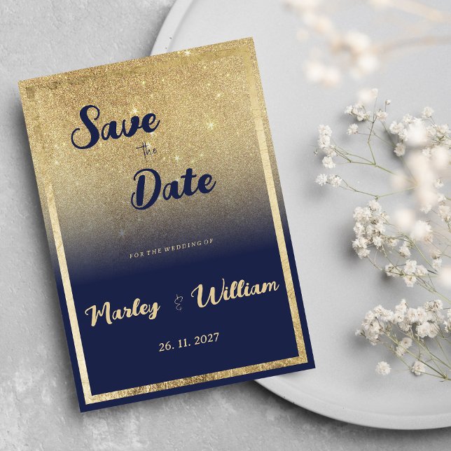 Invitación Lujoso purpurina sombrío de oro azul marino Save t (Luxury navy blue gold ombre glitter Save the Date)
