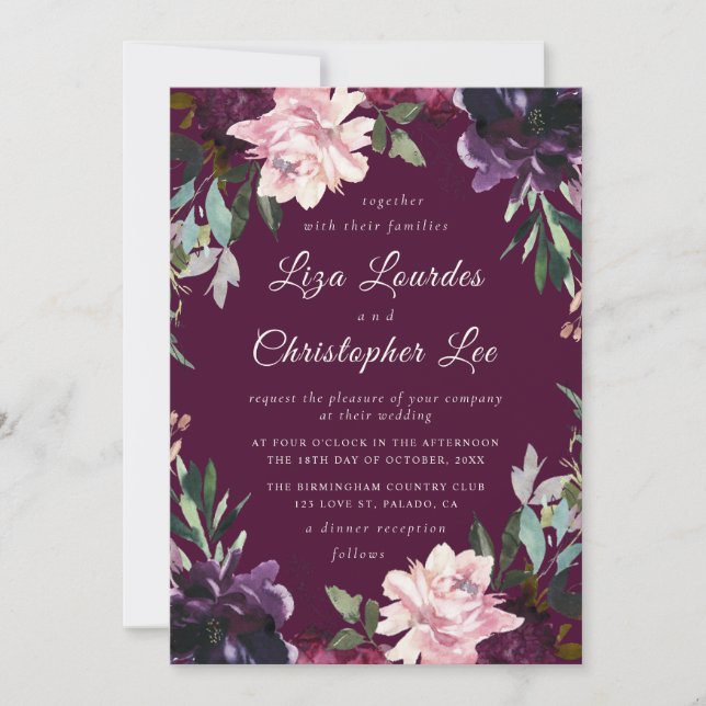 Invitación Lujoso romántico Marsala Borgoña Boda Floral (Anverso)