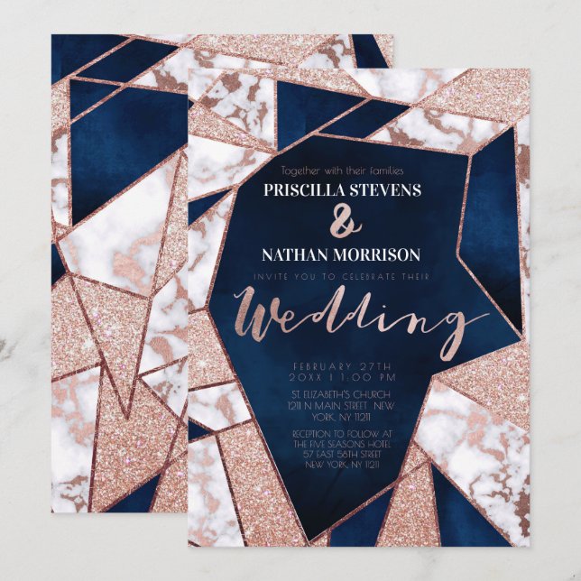 Invitación Lujoso Rosa Purpurina de oro Geo Marble Boda (Anverso / Reverso)