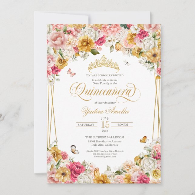 Invitación Lujoso Rubor Elegante Floral Buttefly Quinceanera (Anverso)