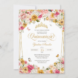 Invitación Lujoso Rubor Elegante Floral Buttefly Quinceanera