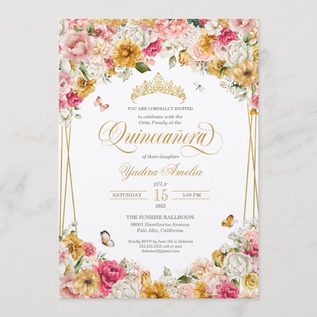 Invitación Lujoso Rubor Elegante Floral Buttefly Quinceanera  (Anverso)