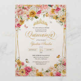 Invitación Lujoso Rubor Elegante Floral Buttefly Quinceanera
