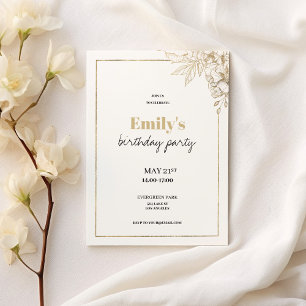 Invitación Lujoso y elegante cumpleaños floral de oro blanco