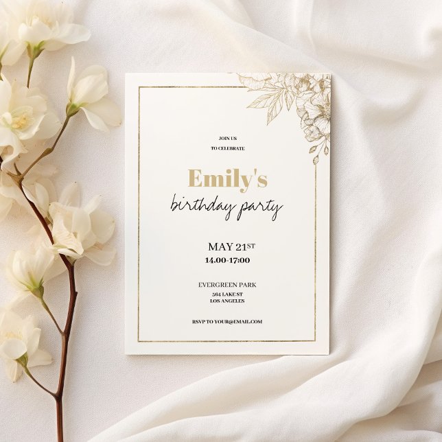 Invitación Lujoso y elegante cumpleaños floral de oro blanco (Luxury white gold elegant floral birthday )
