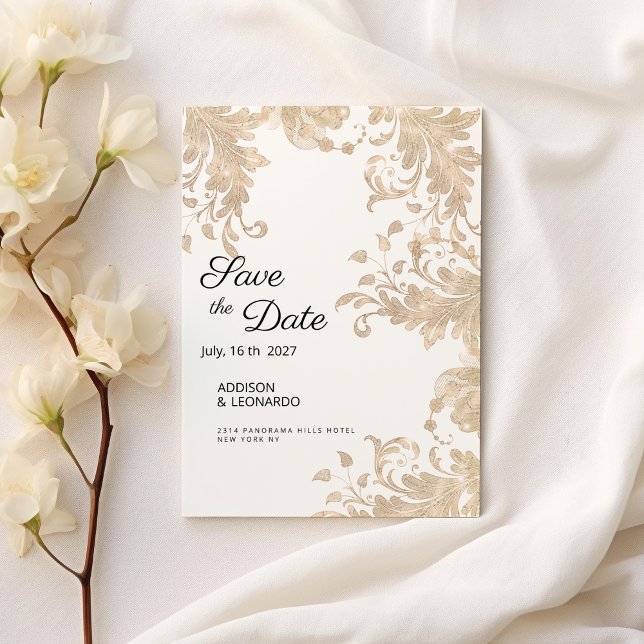 Invitación Lujoso y elegante encaje floral de oro blanco Save (Luxury chic white gold floral lace Save the Date )
