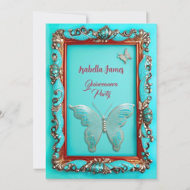 Invitación lujoso y elegante mariposa turquesa de oro Quincea (Anverso)