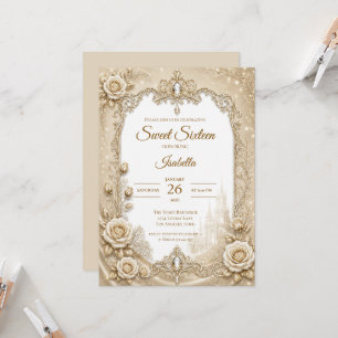 Invitación Lujozo Arco de Encaje Dorado Marfil Cumpleaños 16