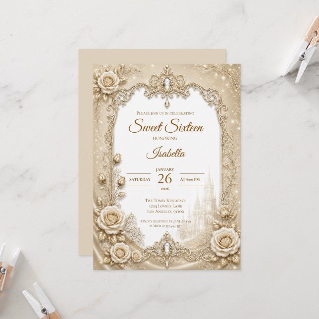 Invitación Lujozo Arco de Encaje Dorado Marfil Cumpleaños 16 (Anverso/Reverso In Situ)