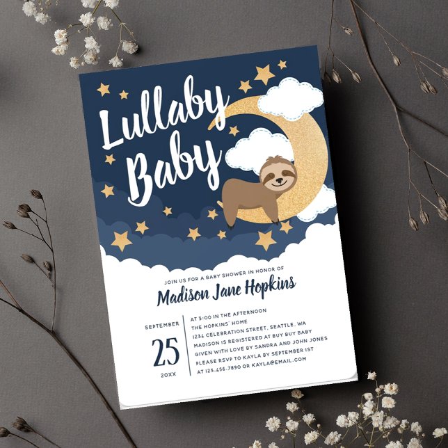 Invitación Lullaby Baby Sloth Moon Baby Shower (Subido por el creador)