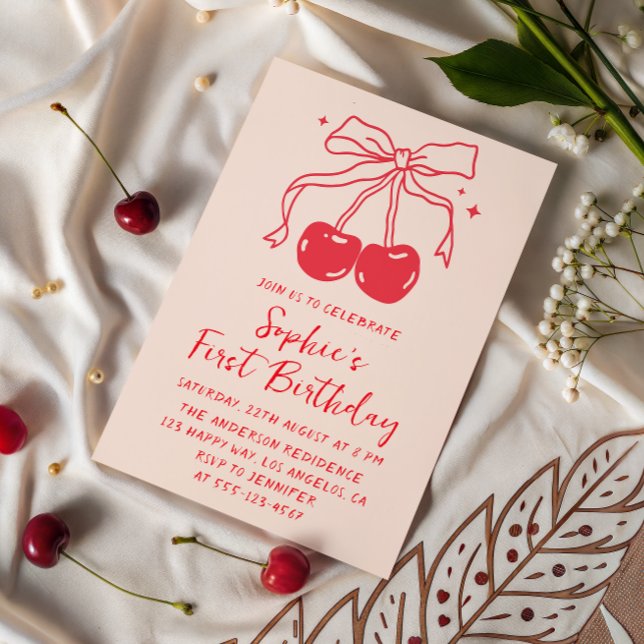 Invitación Lumber & Red Bow Cherry Fruit 1st Birthday Party (Subido por el creador)