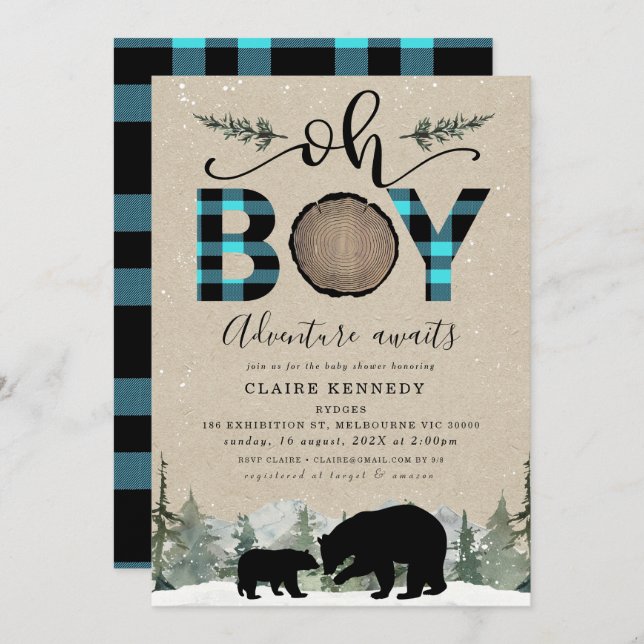 Invitación Lumberjack Azul Flannel Kraft Oh Boy Baby Shower (Anverso / Reverso)