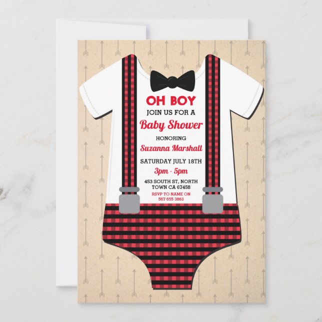 Invitación Lumberjack Baby Shower Oh Boy Red Check (Anverso)