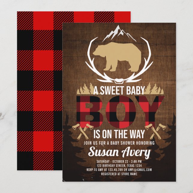 Invitación Lumberjack Baby Shower Wood Plaid (Anverso / Reverso)