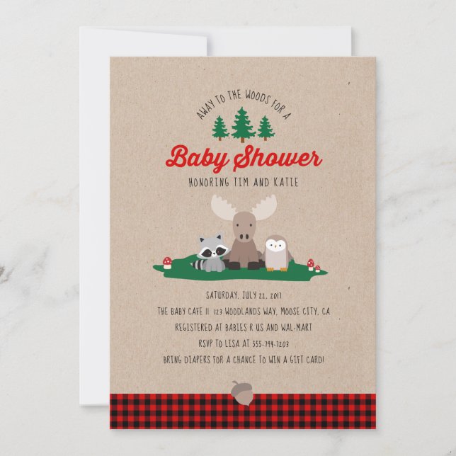 Invitación Lumberjack Baby Shower Woodland Animals Rustic (Anverso)