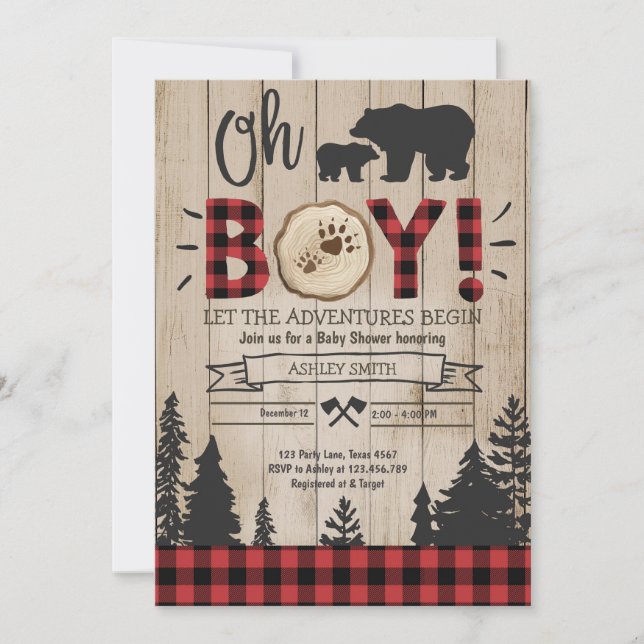 Invitación Lumberjack Baby Shower Woodland Bear Cub (Anverso)