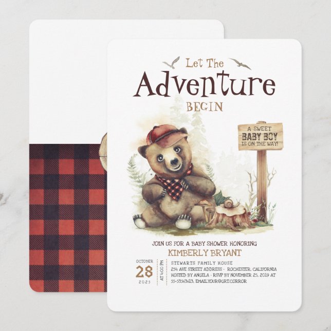 Invitación Lumberjack Baby Shower Woodland Little Bear Cub (Anverso / Reverso)