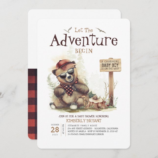 Invitación Lumberjack Baby Shower Woodland Little Bear Cub (Anverso / Reverso)