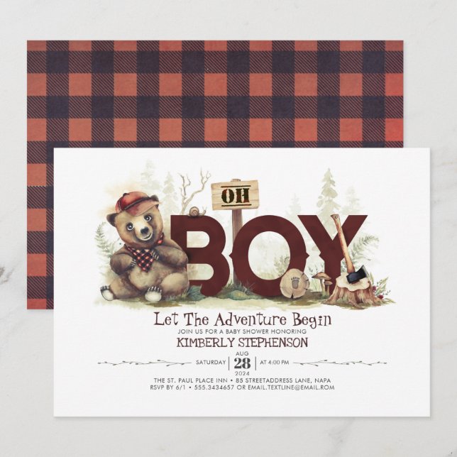 Invitación Lumberjack Baby Shower Woodland Little Bear Cub (Anverso / Reverso)