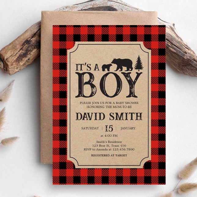 Invitación Lumberjack Bear Baby Shower  (Bear Plaid Baby Shower Invitation)