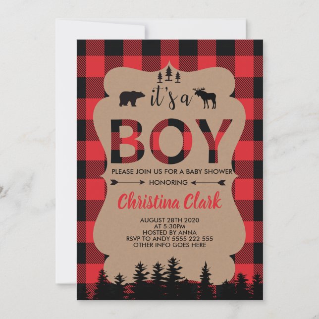 Invitación Lumberjack Bear Flannel Boy Baby Shower (Anverso)