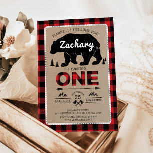 Invitación Lumberjack Bear Tartán Primer cumpleaños Fiesta Wo