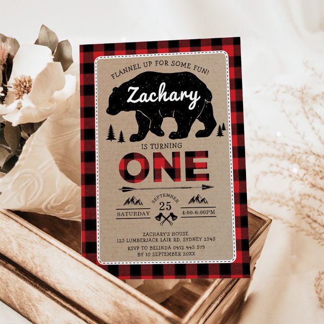 Invitación Lumberjack Bear Tartán Primer cumpleaños Fiesta Wo (Subido por el creador)