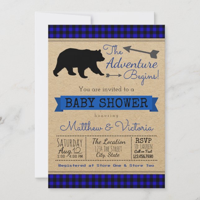 Invitación Lumberjack Blue Buffalo Plaid Boy Bear Fiesta de B (Anverso)