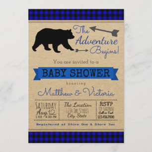 Invitación Lumberjack Blue Buffalo trenzado oso Baby Shower
