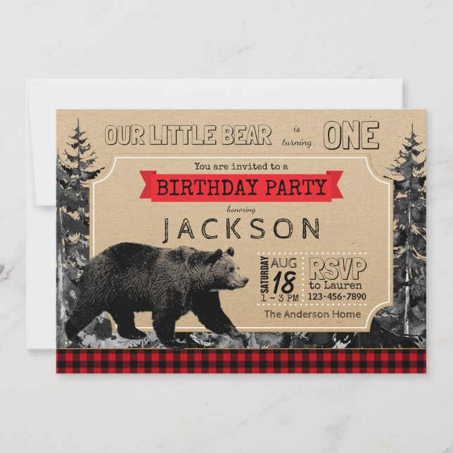 Invitación Lumberjack Búfalo Jugado de cumpleaños Oso pequeño (Anverso)