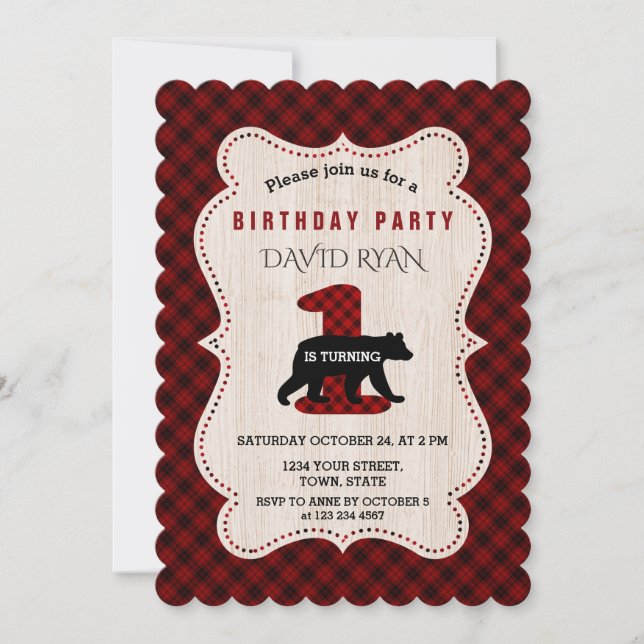 Invitación Lumberjack Búfalo Rojo Cumpleaños UNO (Anverso)
